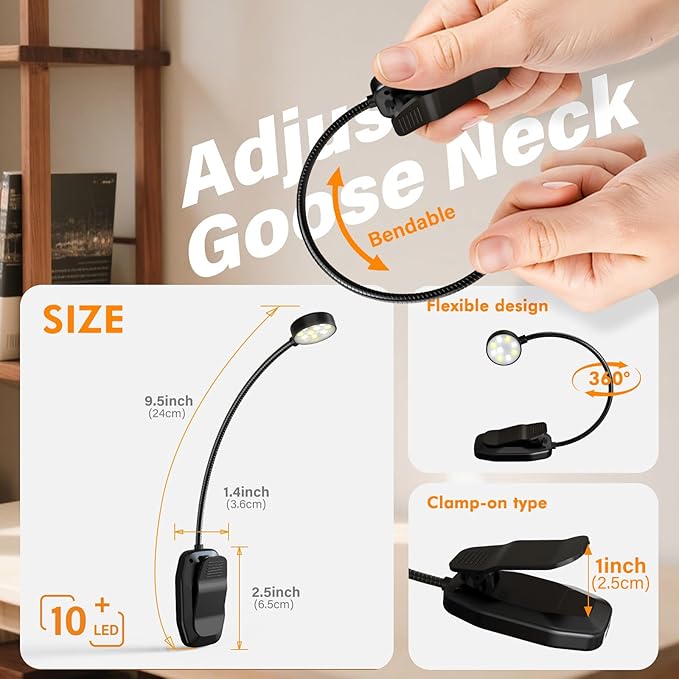 2 Pack 10 LED Rechargeable Book Light for Reading in Bed - Eye Caring 3 Color Temperatures, 3 Adjustable Brightness, Long Runtime Small Lightweight Clip On Book Reading Light for Studying
