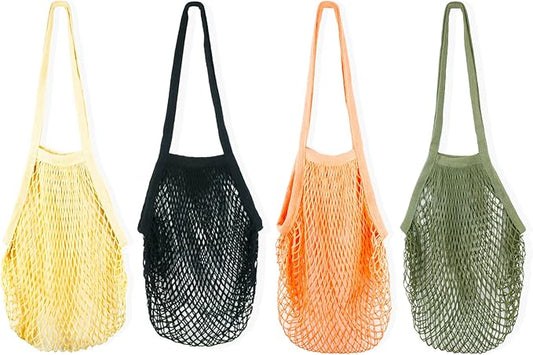 [4 Pack] Premium Mesh Grocery Bags, Reusable Produce Bags, Long Handle Net Tote Bags, 100% Cotton String Bags, Fruit and Vegetable Bags, 4 colors (Portable/Washable/Durable)