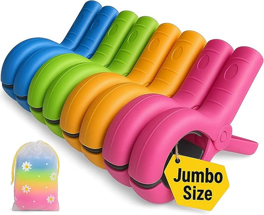 5.1"Jumbo Beach Towel Clips 8 Pcs, Storage Bag Included, Towel Clamps, Plastic Clothes Pegs Hanging Clamps, for Pool Cover/Cruise Chairs, Heavy Duty Clothes Pins Beach Accessories (Jumbo Size - 8 pcs)