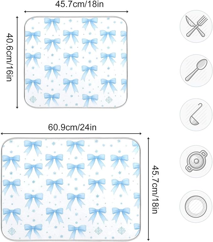 Blue Bow Ribbon Dish Drying Mat for Kitchen Countertop 16x18 Bowknot White Coquette Pattern Small Drying Mat Reusable Quick Dry Dish Sink Mats Easy Clean Decorative Essentials