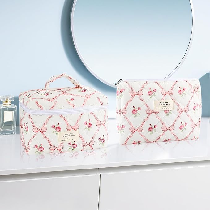2Pcs Cotton Quilted Makeup Bag for Women Girls Large Small Travel Floral Cosmetic Bags Set Cute Coquette Pink Makeup Pouch for Purse Aesthetic Cloth Flower Storage Toiletry Bag Organizer