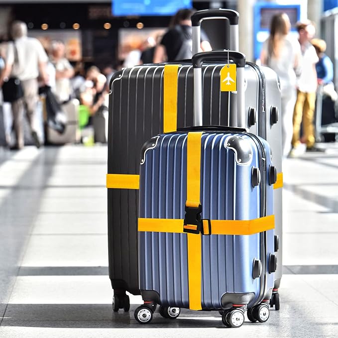 Weewooday 8 Pcs Luggage Straps Suitcase Tags Set for TSA Approved, 4 Travel Adjustable Suitcase Belt, 4 Silicone Luggage Tags with Name ID Card Travel Accessories(Yellow,Airplane)
