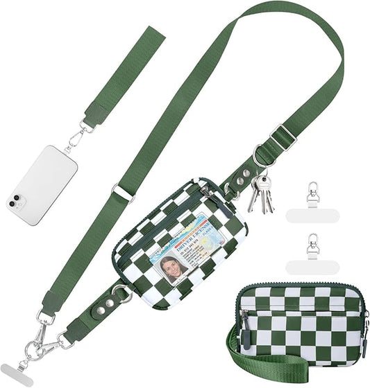Clip and Go Strap for Phone with Wallet Crossbody Phone Lanyard and Detachable Checkered Bag with ID Window and RFID Pouch for Daily Travel.