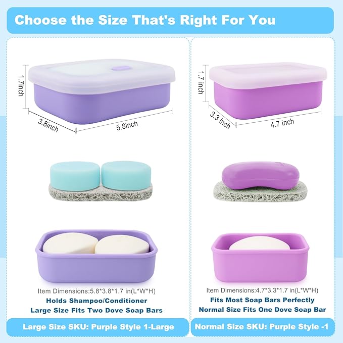 Leak Proof Travel Soap Case, Solid Shampoo Bar Holder, Silicone Soap Container with Draining Layer, Portable Bar Soap Holder for Bathroom, Camping, Gym, Easy to Clean (Purple, Large)