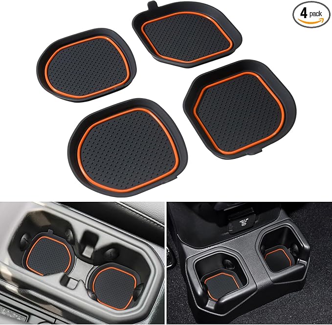 Cup Holder Coaster for Wrangler JL JLU 2018-2025 2026 Wrangler Accessories Gladiator JT 2020-2026 Silicone Cup Inserts Interior Mats Pad (Orange Trim, 4-pcs Set, for Deep Rear Cup Holders)