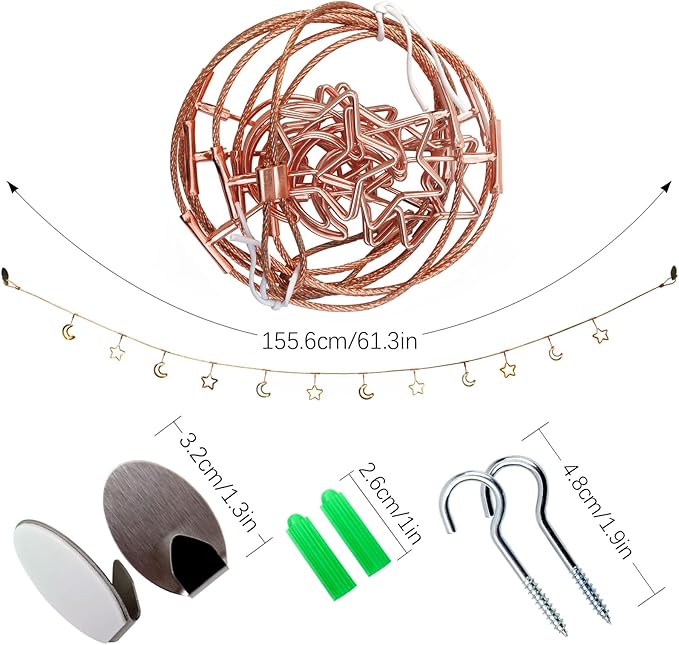 2 Pack Chain Photo Clip Wall-Mounted Picture Holder Metal Photo String with 12 Clips for Hanging Painting Family Photos Artworks Home Decor(Fixed) (Rose Gold-Star and Moon)