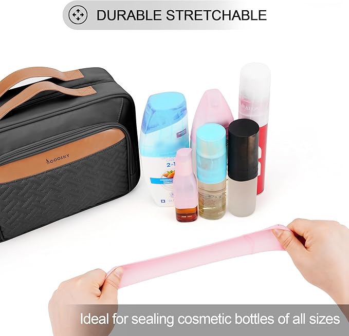 Travel Hanging Toiletry Bag for Women and Men, with 8 Leak Proofing Silicone Bottle Covers, Waterproof Makeup Accessories, Cosmetic Essentials, Cruise Ship Toiletry Bag with Jewelry Organizer, Black