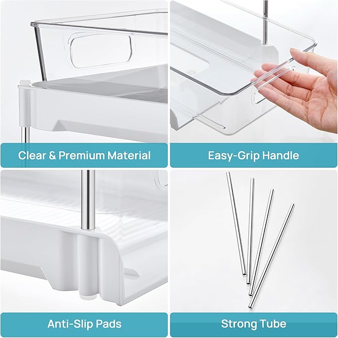 Vtopmart 2 Pack Bathroom Organizer, 2 Tier White Under Sink Organizers Vanity Countertop Storage Container, Cabinet Drawers Bins, Pull-Out Organization with Track for Pantry, Kitchen