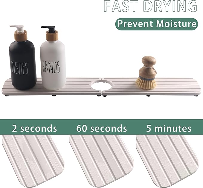 23.6inch x 4inch Kitchen Sink Faucet Mat, Water Absorbing Stone Faucet Splash Guard for Bathroom Counter, Quick Drying Diatomite Tray for Kitchen Sink, White