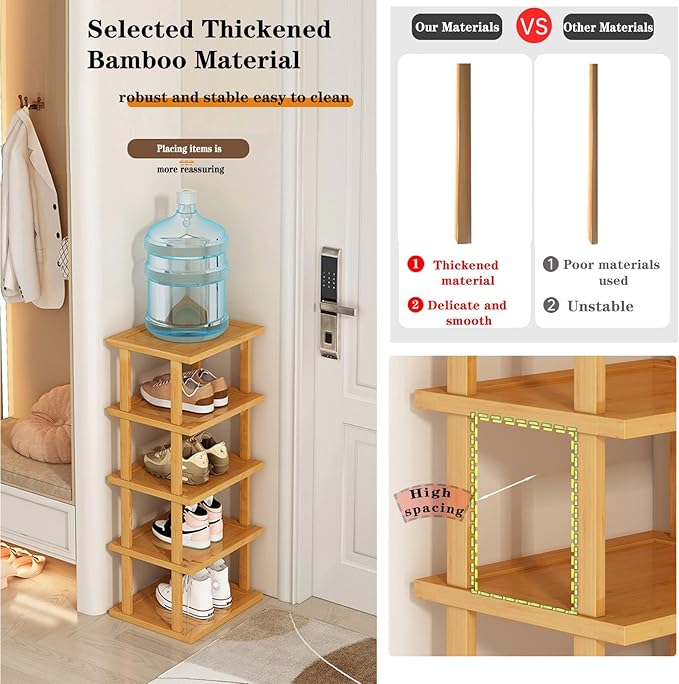 Bamboo Shoe Rack 12-Tier - Vertical Shoe Rack for Small Spaces, Tall Narrow Shoe Rack Organizer for Closet, Entryway, Corner, Garage, and Bedroom, Skinny Shoe Shelf with Free Stackable DIY