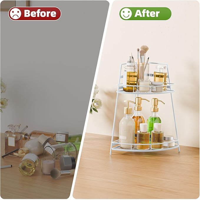 VITVITI 2 Tier Corner Bathroom Counter Organizer, Metal Bathroom Countertop Organizer Shelf Storage, Bath Room Sink Makeup Organizers for Vanity Perfume Skincare with Hooks, White