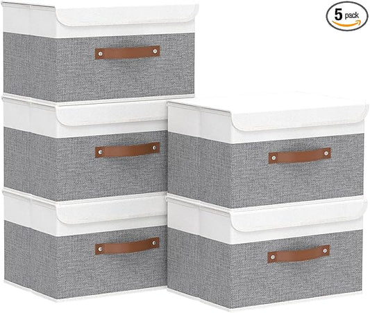 Yawinhe Collapsible Storage Bin, Cube Organizer Basket, Fabric Box with Lids, Washable and Leather Handle, for Home, Closet, White/Grey, 13.0''Lx9.0''Wx7.9''H, 5-Pack, SNK024WGS-5