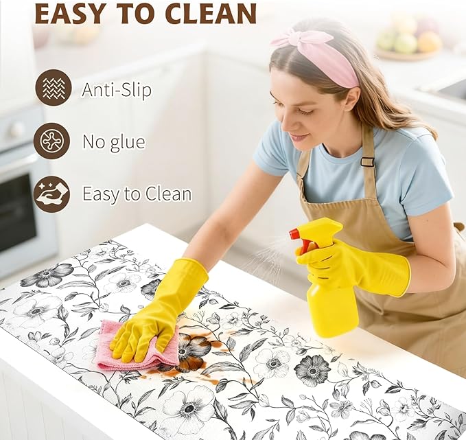 Drawer and Shelf Liner Black Flowers 12in x 20FT, Non Adhesive Anti-Slip Double Layer PVC Reusable Thickened Waterproof Easy Clean for Kitchen Cabinets Refrigerator with Knife Tape Measure