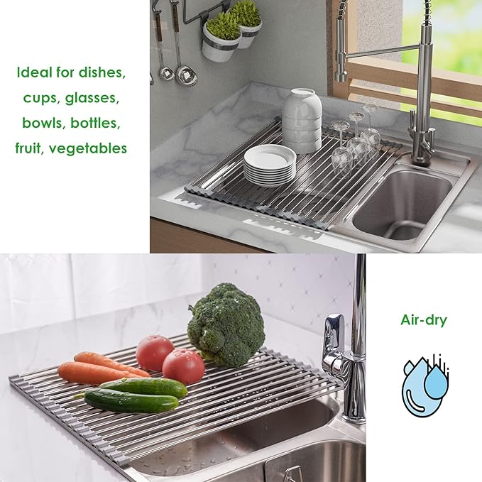 Tomorotec Roll Up Dish Drying Rack, Over The Sink Dish Drying Rack, Portable Stainless Steel Rolling Rack Multipurpose Kitchen Drainer Caddy Organizer Storage Shelf Holder, Gray