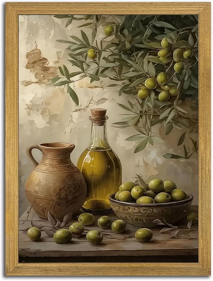 Wood Framed Olive Kitchen Wall Art, Vintage Rustic Still Life Canvas Print, Green Olives Poster Print Picture, Fruit Wall Decor Painting for Dining Room Cafe Restaurant Farmhouse Home Decor 12x16 inch
