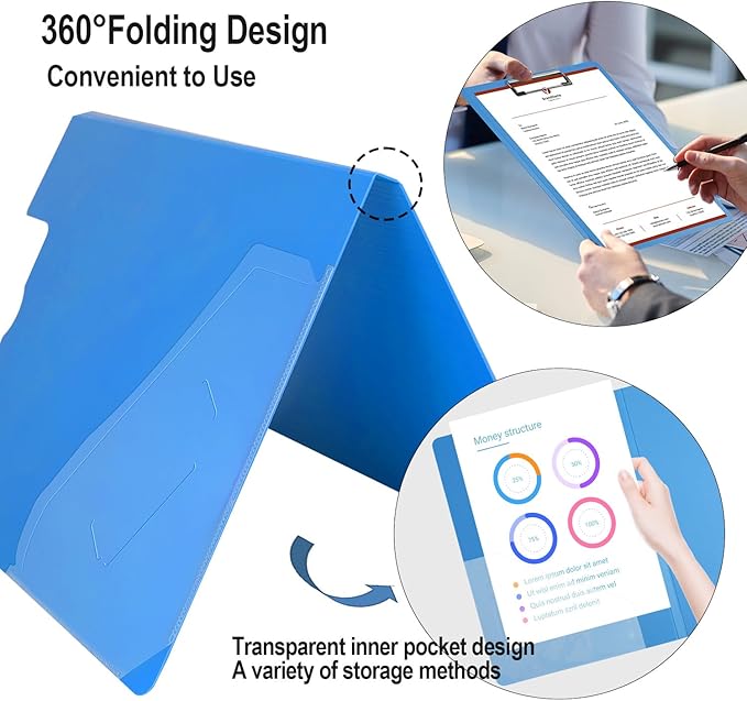 10 Pack Foldable Clipboards, A4 Clipboard Folder with Pocket, File Cover Office Folder Clipboard, 360 Degree Foldable Storage Clipboards for Office, School or Medical Field(5 Colors)