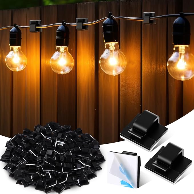 200 Pcs Outdoor Light Clips Adhesive Cable Clips for Christmas Outdoor String Lights with Adhesive Strips Patio Decor for Wall Wire Holder for Hanging Cable Management Cord Organizer (Black)