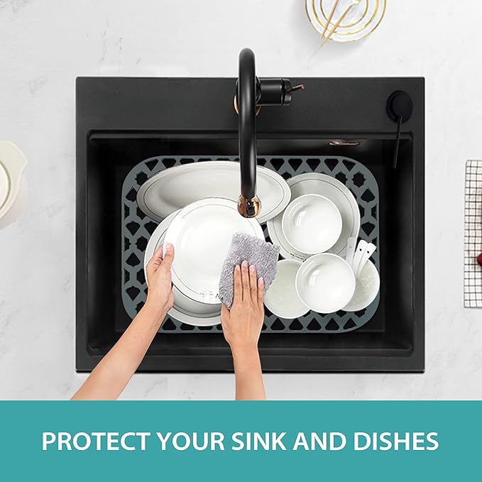 Sink Protectors for Kitchen Sink, Kitchen Sink Accessory - Silicone Mats Grid for Stainless Steel Strainer Bottom of Farmhouse Porcelain sinks (21”x16”, Rear Drain)