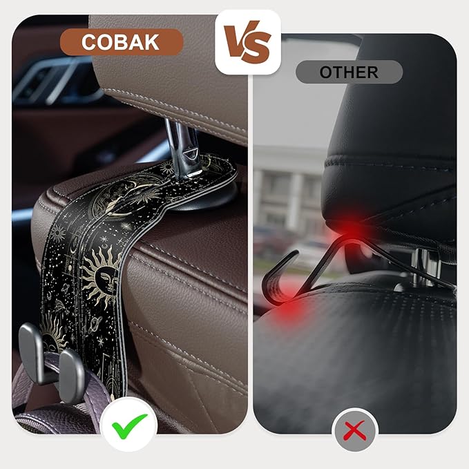 CoBak Purse Hook for Car - Universal Premium Stitched Leather and Aluminum-Magnesium Alloy Double Car Seat Back Storage Hook for Purses, Handbags, Bags (2 Pack), Star Mark