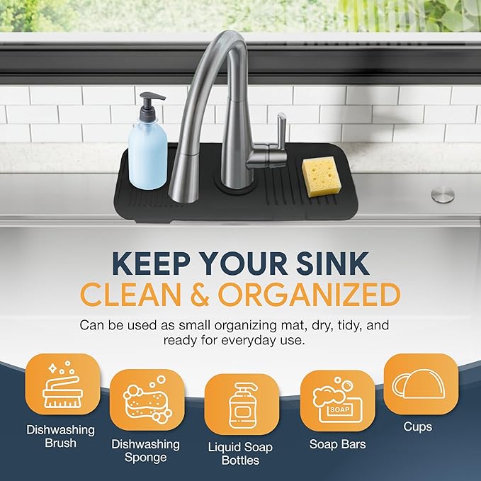 14.6” Silicone Faucet Mat For Kitchen Sink, Kitchen Sink Splash Guard Behind Faucet, Kitchen Faucet Mat For Kitchen Sink, Kitchen Sink Faucet Mat Splash Guard and Sink Water Splash Guard (Black)