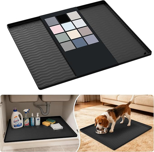 URMONA Waterproof Silicone Under Sink Mat 25'' x 22'' Shelf Liner for Kitchen and Bathroom, Cabinet and Counter Protector, Storage and Organizers, Litter Mat, Pet Cat Puppy Essentials(Black)