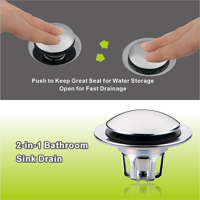 Chrome Bathroom Sink Drain Stopper,Pop Up Sink Drain Stopper Universal 2-in-1 Design with Hair Catcher, Glimflorus Bathroom Sink Stopper and Anti-Clog Strainer for 1 1/8"-1 1/2" Drain Holes
