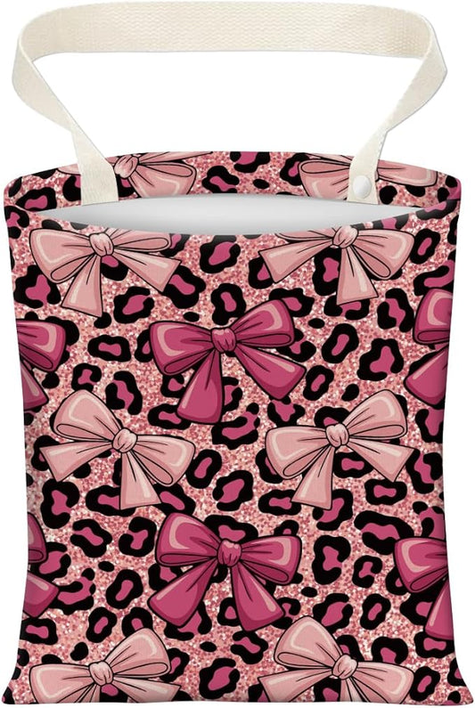 Cute Car Trash Can, Hanging Canvas Car Back Seat Organizer and Storage Bag, Funny Car Trash Bag for Travelling, Outdoor Cute Pink Leopard Bow