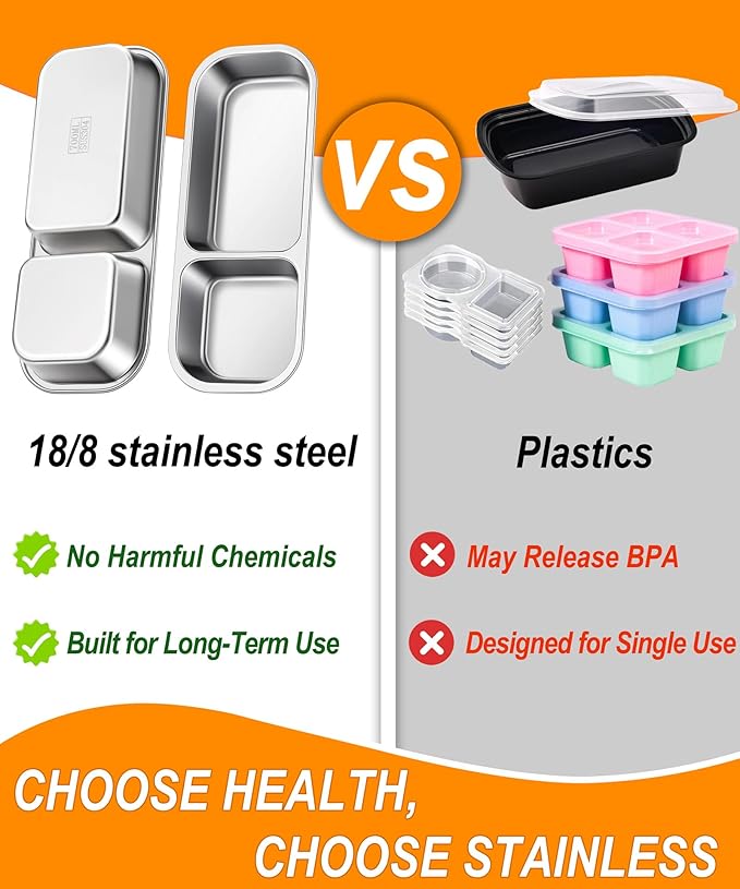 KTKUDY 3 Pack Stainless Steel Snack Containers for Kids & Adults - Leak-Proof 2-Compartment Stackable Snack Lunch Boxes for Daycare, School, Work & Travel
