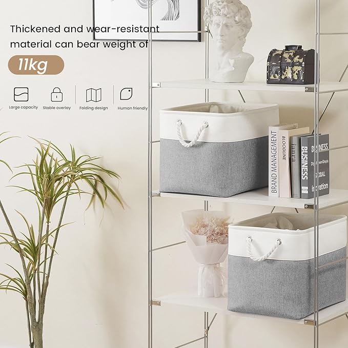 VQRTEXA Large Storage Baskets - 15x11x10 inch Storage Bins for Shelves and Closet Organizing, Foldable Fabric Bin for Home Organization, Clothes and Laundry (6-Pack, White&Gray)