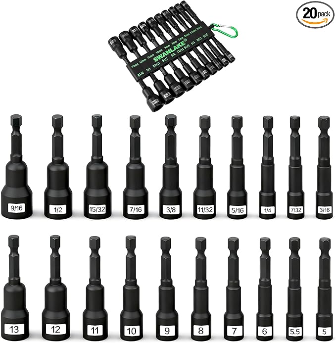 Magnetic Nut Driver Set, 20-Piece Metric & SAE 1/4" Hex Shank, Drill Socket Set, Impact Driver Bit Sets, Magnetic Bit Holder with Aluminum Alloy Snap Clip, 65mm Long Hex Bits, Quick Change Tool