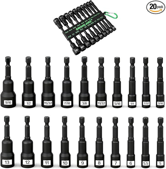 Magnetic Nut Driver Set, 20-Piece Metric & SAE 1/4" Hex Shank, Drill Socket Set, Impact Driver Bit Sets, Magnetic Bit Holder with Aluminum Alloy Snap Clip, 65mm Long Hex Bits, Quick Change Tool