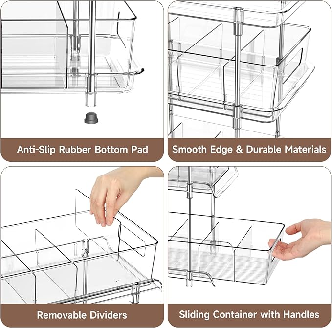 3 Tier Clear Bathroom Organizer with Dividers, Multi-Purpose Pull-Out Pantry Organization and Storage, Under Sink Closet Organizers and Storage, Vanity Skincare Cosmetic Organizer Medicine Bins