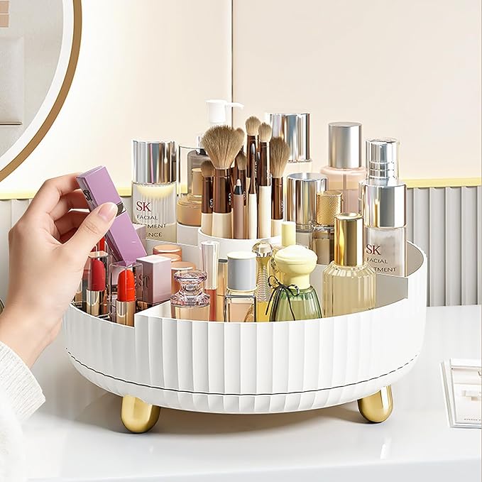 Anyoifax Makeup Perfume Organizer Tray with Divider, 360 Degree Rotating Lazy Susan Skincare Lotion Organizer, Spinning Cosmetics Storage for Dresser, Vanity, Bathroom Countertop, Large White