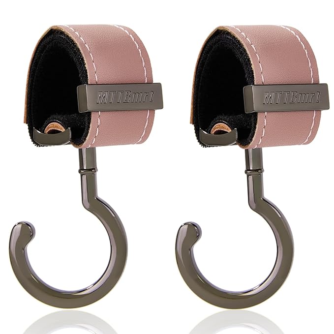 2 Pack Stroller Hooks,Strong Synthetic Leather Hook-and-Loop Fastener&High-Quality Metal Hooks,Universal Bag Clip|360° Rotation, 66lb Capacity,Non-Slip-Fits Wheelchair(Pink-Silver Gray)
