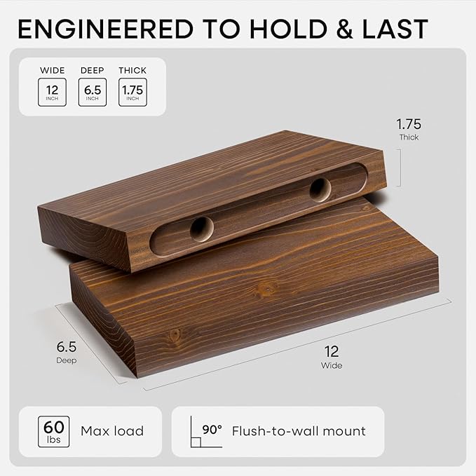 Homeforia Classic Walnut 12 inch Floating Shelf, High-End Solid Real Wood Small 12-inch Floating Shelves for Wall Mounted, 12in Floating Shelves, Heavy Duty Bracket, 12 X 6.5 X 1.75 inches, Set of 2