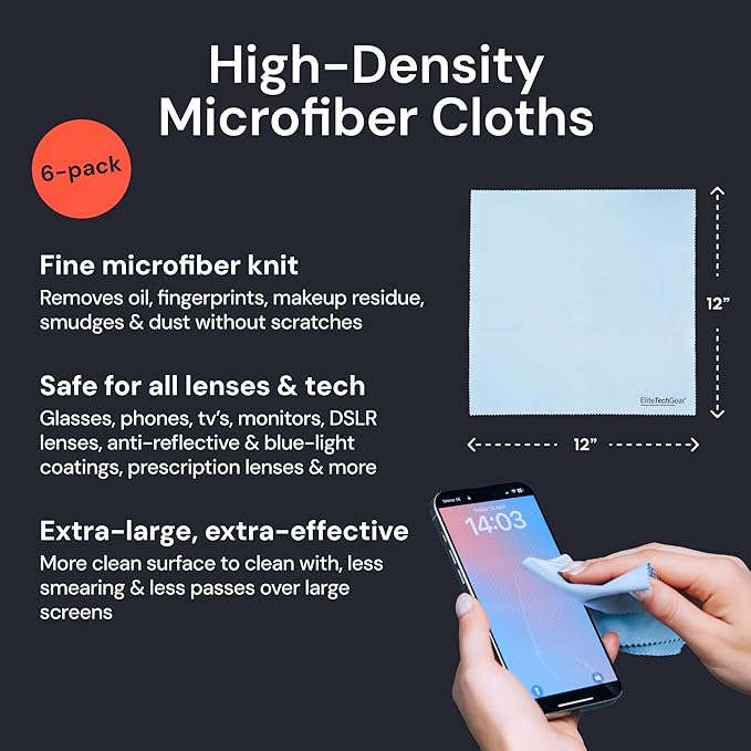 Elite Screens Microfiber Cleaning Cloths - 6-Pack, 6"×7" & 12"×12", Light Blue - Streak-Free Glasses Wipes - Travel-Ready Eyeglass Cleaning Wipes - Oversized Reusable Lens Care Cloths