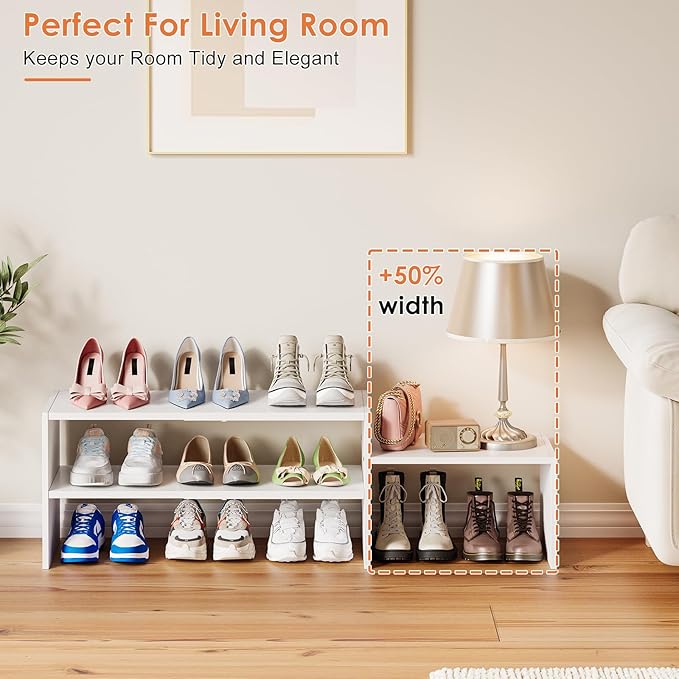 44.6 Inches Expandable White Shoe Rack Organizer for Closet,Adjustable Small Shoe Storage Shelves,Metal Wood Combination Shoe Shelf Stand Holder for Closets,Entryway,Front Door,Narrow Space,10-13 Pair