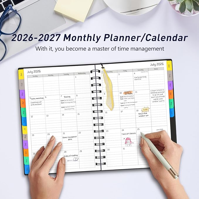 Daily Planner 2026-2027, 18-Month Weekly and Monthly Calendar Planner, January 2026 - June 2027, Planning Agenda Book with Laminated Tabs, Flexible Cover, 100GSM Thick Paper, A5 Size,Black
