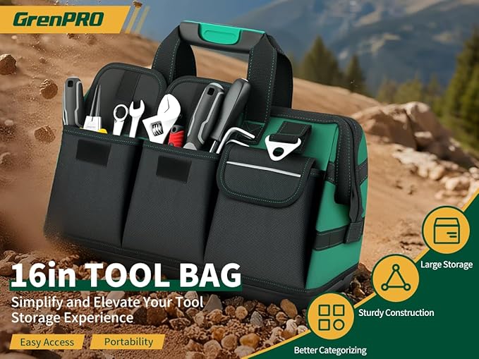 Tool Bag 16 Inch Heavy Duty, 18-Pocket Molded Bottom Toolbox Organizer, Portable Waterproof, Upgraded Handle Tool Bag with Adjustable Shoulder Strap for Mechanics, DIY, Dad Birthday Gift