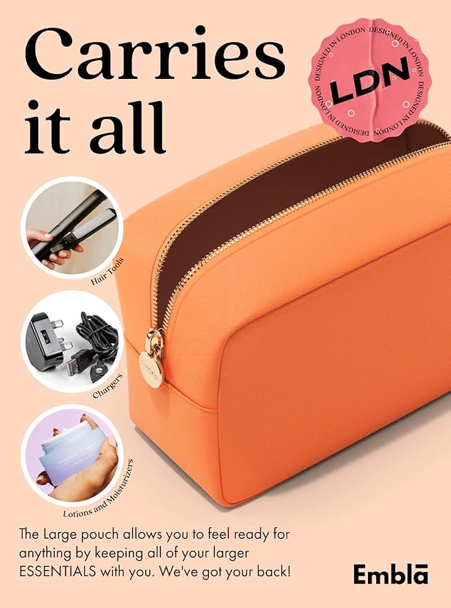 Embla Makeup Bag Travel Cosmetics Pouch and Toiletry Bag, Nylon Zipper Pouch Purse, Cute Make Up Organizer Storage Tote for Women Girls, Waterproof Travel Skincare Case, Large Makeup Bags, Peach