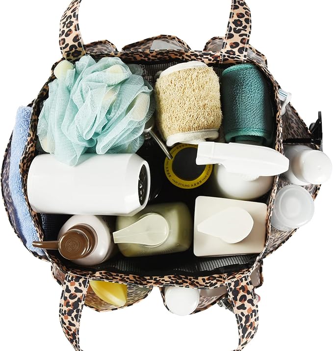 Haundry Mesh Shower Caddy Bag, Portable Basket Organizer with Key Hook for College Dorm Bathroom Camp Gym, Hanging Tote Bag with 8 Pockets, Leopard