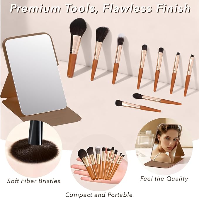 Travel Makeup Brush Set, 77Pcs Mini Makeup Kit Synthetic Foundation Concealers Eye Shadows Brushes Powder Puff with Eyelash Curler Eyebrow Razor Comb Mirror Hair Clips Cosmetic Bag (Brown)