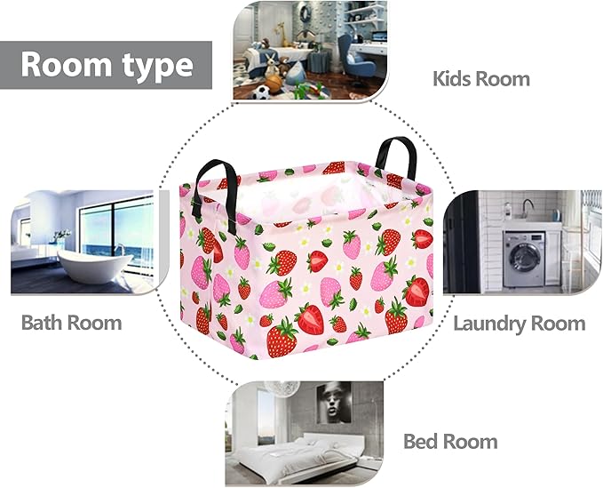 Rec Strawberry Print Storage Box Clothes Hamper Basket Collapsible Organizer Bin Gift Shelf Baskets for Home and Kitchen Storage.