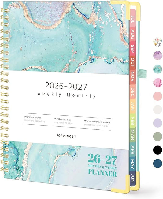 Forvencer Academic Planner 2026-2027, Hardcover Calendar Planner Weekly & Monthly, July 2026 - June 2027, 6" x 8", Daily Agenda with Tabs, College School Organizer for Student Teacher, Teal Marble