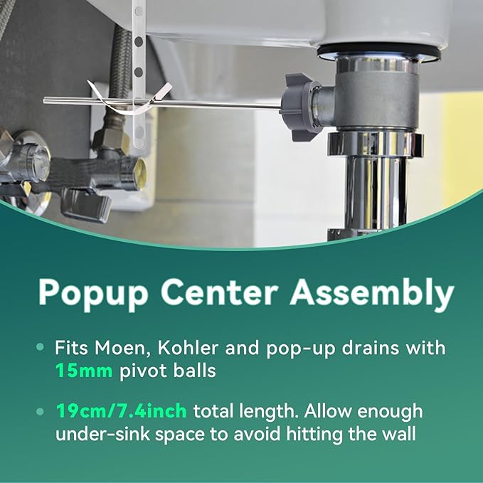 Lavatory Pop Up Center Piece Assembly, Pop-Up Drain Repair Kit, Compatible with Moen, Kohler with 15MM Ball, Long Rod, Bathroom Sink Pivot Rod Replacement Parts