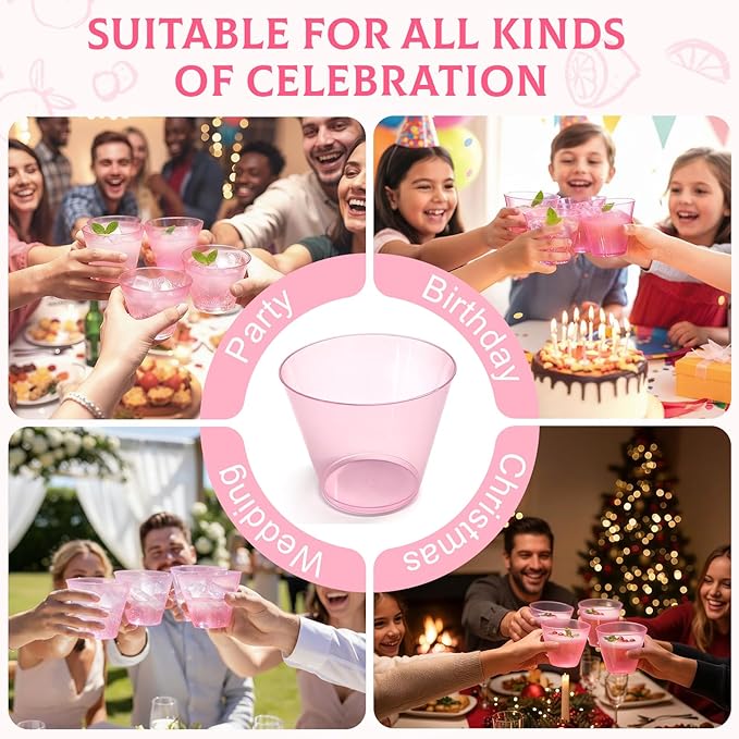 150 Pack Plastic Cups 9 oz Pink Clear Plastic Cups for Cocktail Fancy Disposable Cups for Party Stemless Wine Glasses for Birthday Wedding Graduation