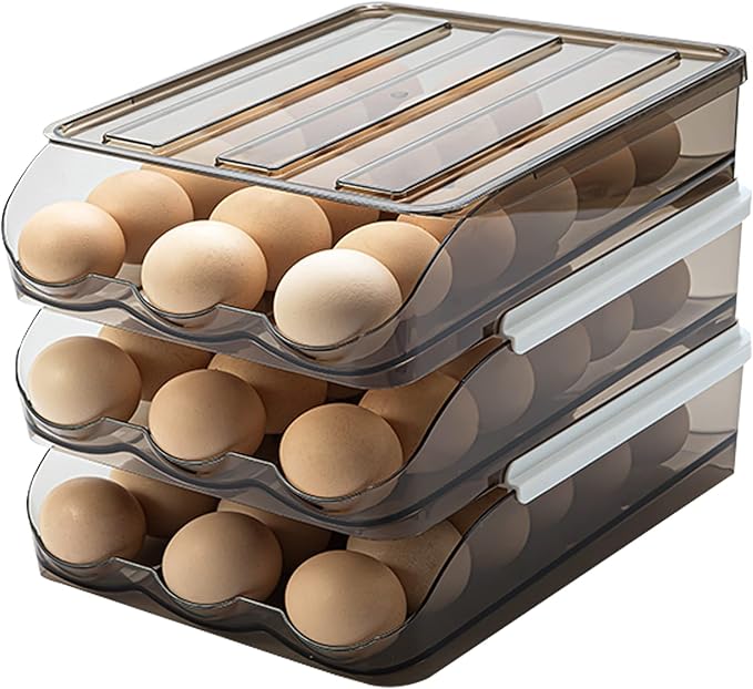 Egg Holder for Refrigerator Auto Scrolling Organizer Plastic Stackable Storage Container Reusable Clear Tray Box Basket Bin Lid Drawer Carrier Keeper(3 Layer)