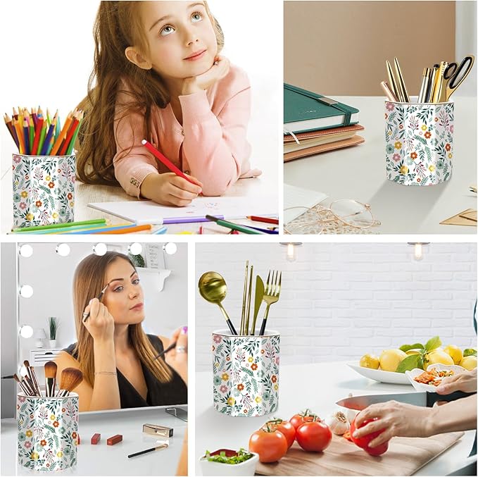 WAVEYU Pen Holder for Desk, Ceramic Pencil Cup Cute Makeup Brush Holder, Desktop Supplies and Accessories for Students, Pen Pencil Caddy for Office Home Art Supply, Green Floral Pattern