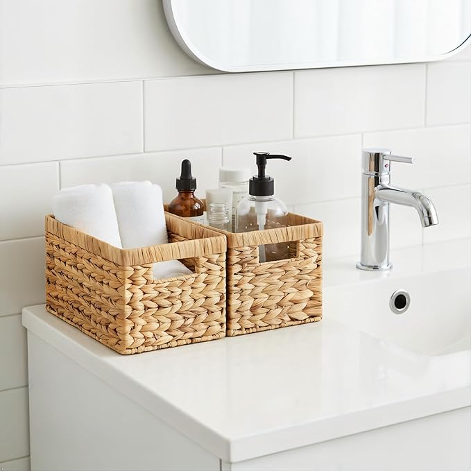 SODAANUS Water Hyacinth Storage Baskets Set of 2 - Medium Decorative Wicker Baskets for Organizing Shelves, Rectangular Woven Storage Bins with Handles for Pantry, Bathroom, Living Room 13"x9"x7"