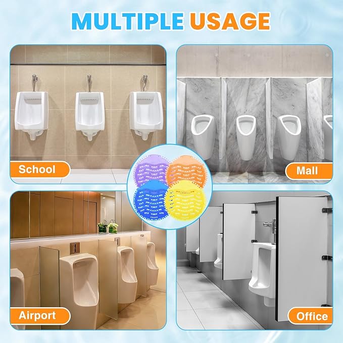 96 Pack Urinal Deodorizer Screen with 100 Gloves, 3D Wave Anti-Splash Odor Protection Urinal Cakes for Men Toilets Dry Wet Urinal Deodorant Bathroom Office Mall Hotel Four Scents Urinal Mats